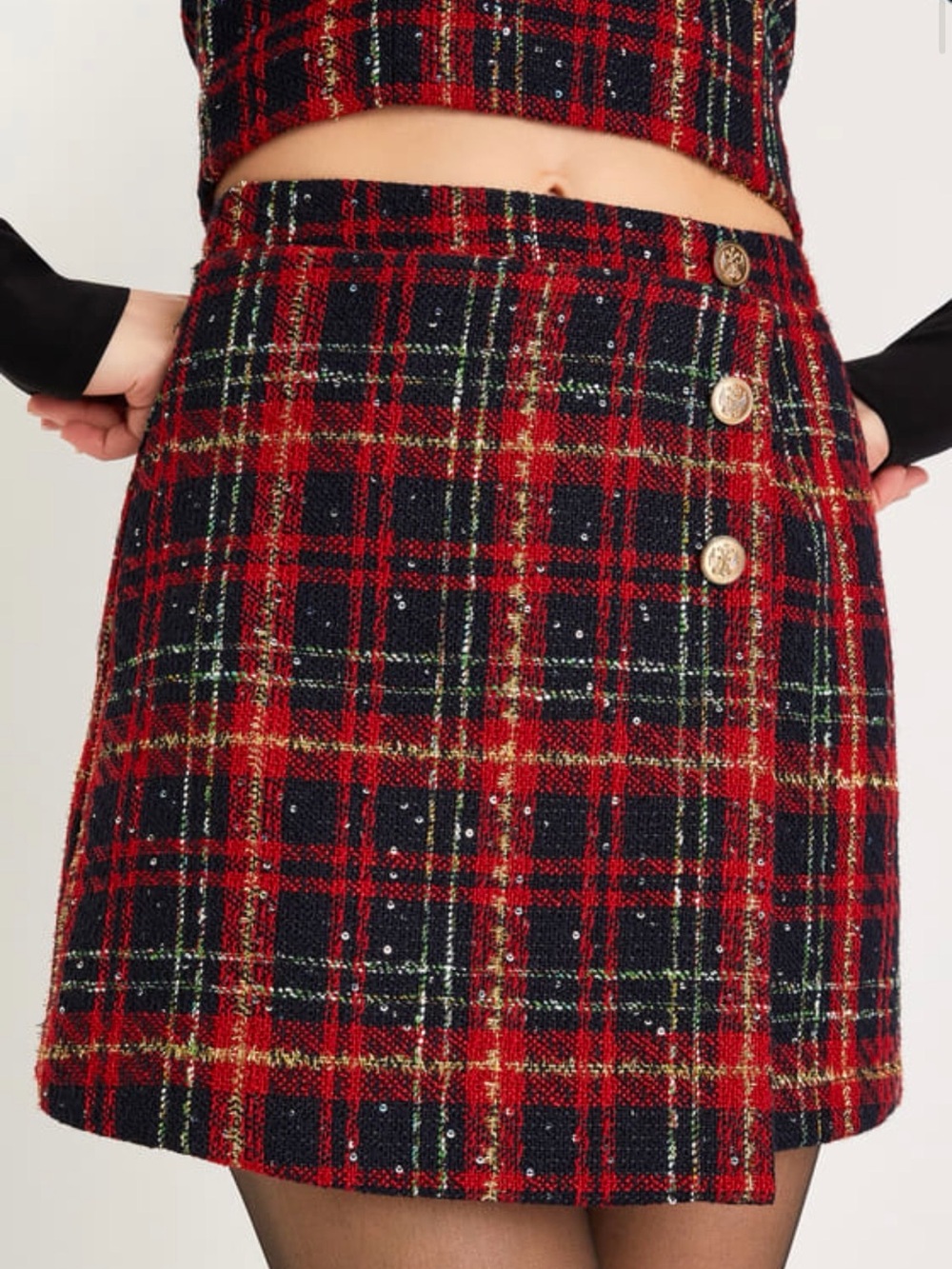 Lulu's Adorably Posh Red Plaid Tweed Faux Wrap Mini Skirt